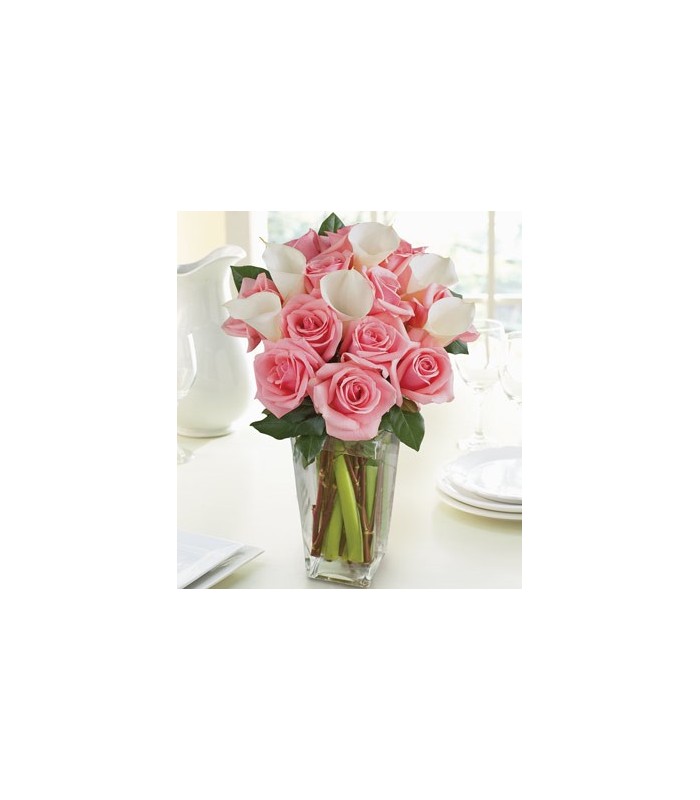 Pink roses with white Calla lilies