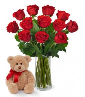 JNS Red Rose Bouquet with Bear Love