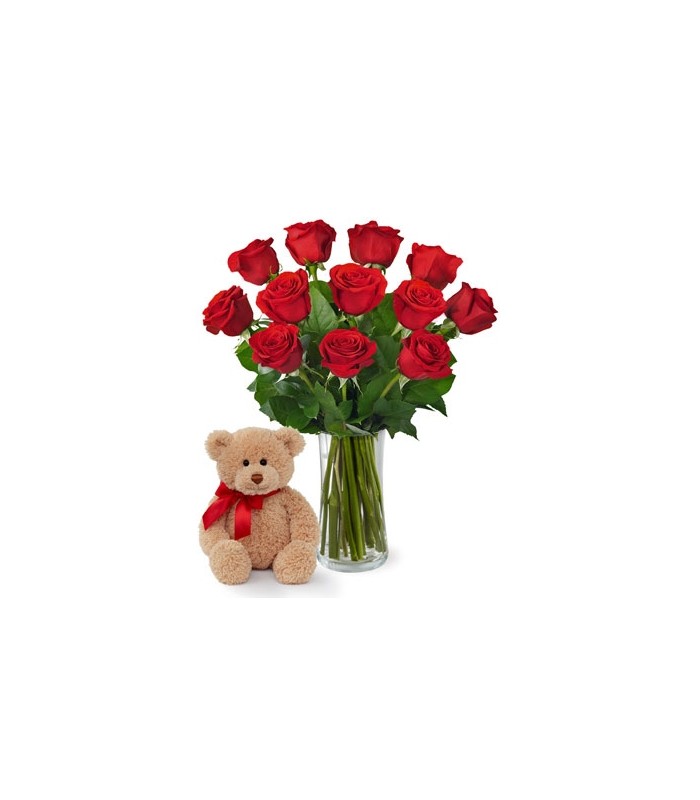 JNS Red Rose Bouquet with Bear Love