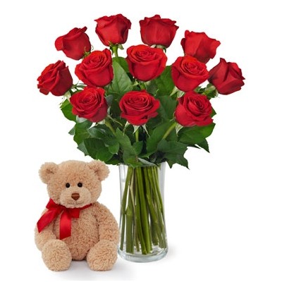 JNS Red Rose Bouquet with Bear Love